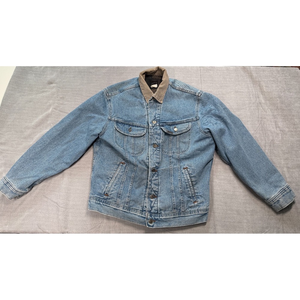 Vintage Riveted Lee Mens M Flannel Lined Denim Trucker Jacket Corduroy Collar